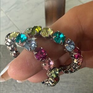 🌈 Multicolor Crystal Hoop Earrings – Silver Tone